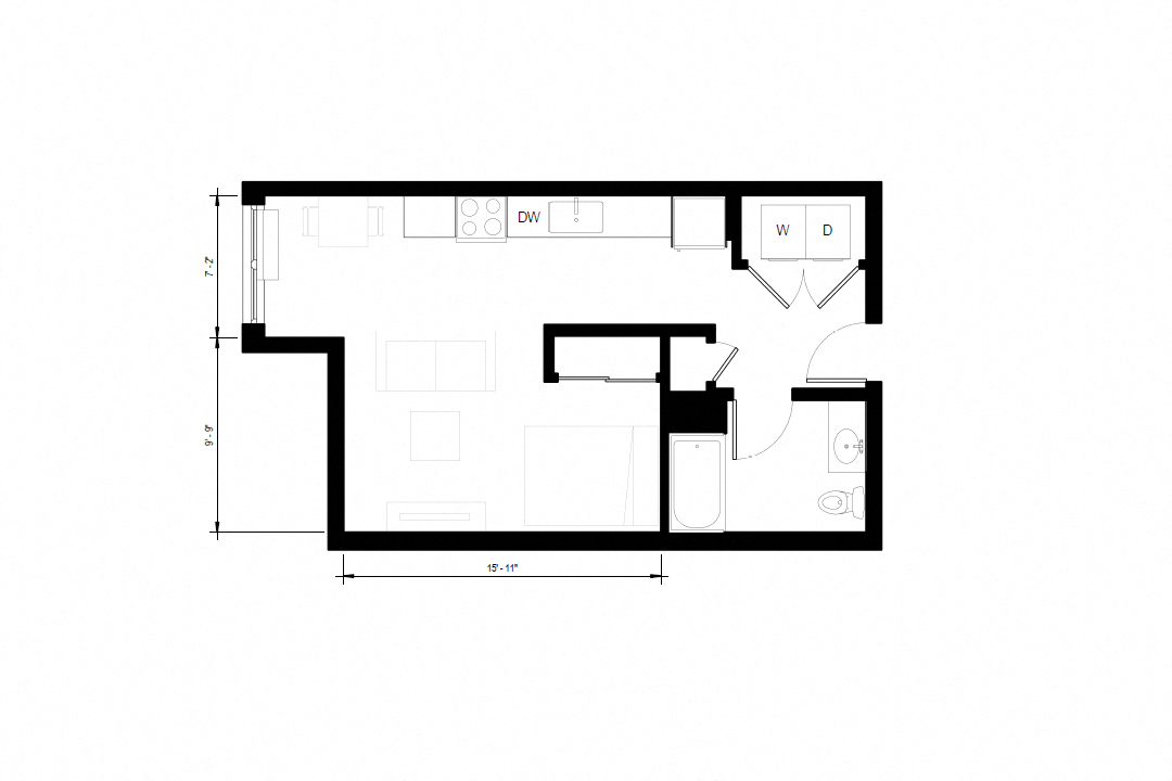 Floor plan for studio, 1 bath, 523 sqft